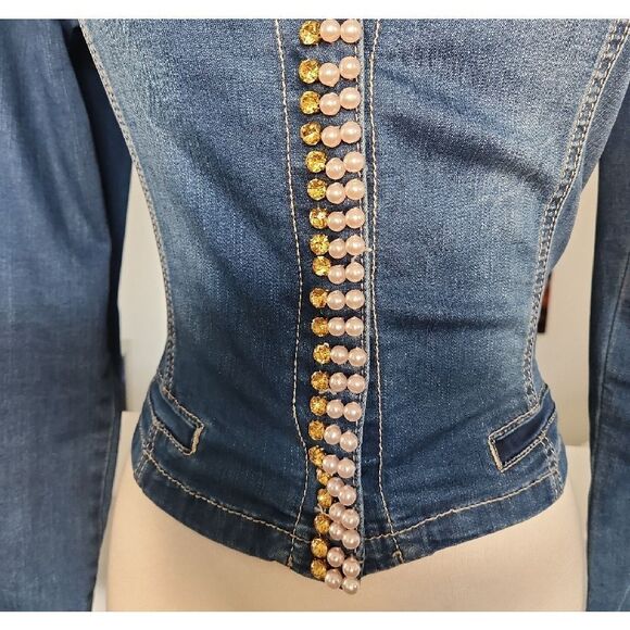 Embellished Pearls And Rhinestones Blue Jean Jacket Size M - Picture 3 of 7